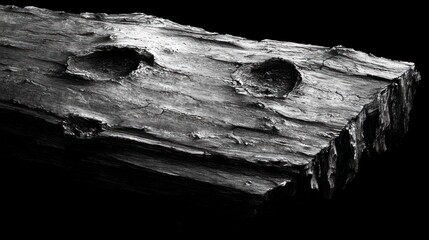 A close-up of a textured wooden surface with two circular indentations.