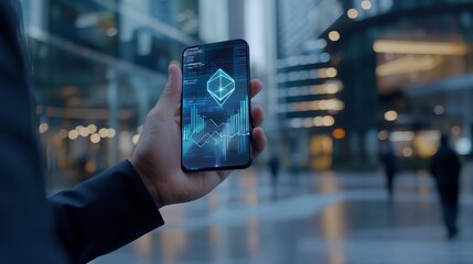 Businessman holding a smartphone showing a holographic display of growth statistics charts and Ethereum cryptocurrency Concept of business growth stock market strategy and planning