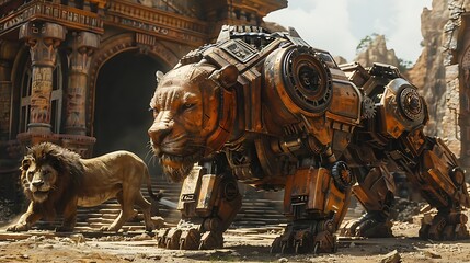 Robotic lion stands before ancient temple with real lion.