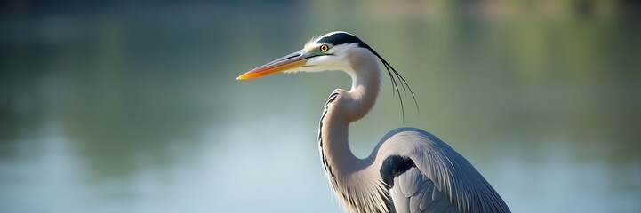 Fototapeta premium Elegant Heron Profile against a Serene Lakeside Backdrop showcasing the bird's graceful neck and piercing yellow eye with feathery details