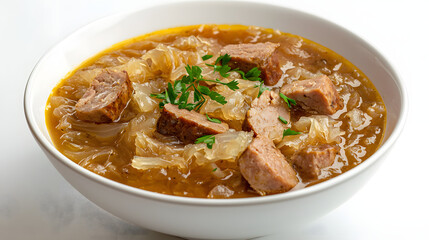 Rich Polish Stew with Sauerkraut and Pork in a White Bowl