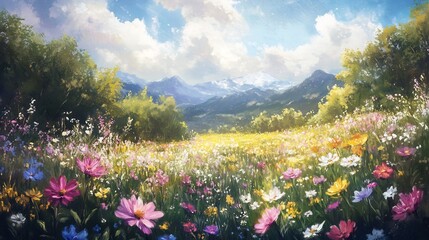 Obraz premium Vibrant Spring Meadow Landscape with Majestic Mountains in Background