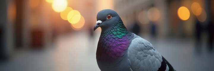 A Pigeon in the City Glowing Lights and Vivid Feather Colors a Beautiful Urban Bird Portrait Capturing the essence of city life with artistic detail and soft bokeh background