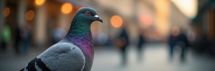 Urban Pigeon Stares Into Evening Lights While Blurry Crowds Pass By A Portrait Of City Wildlife
