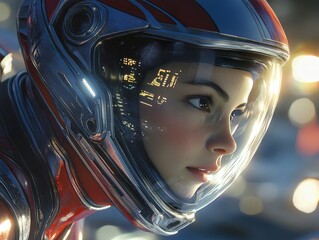 Female astronaut wearing helmet and exploring space