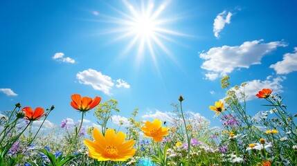 Vibrant Summer Meadow with Blooming Flowers Under Sunny Sky