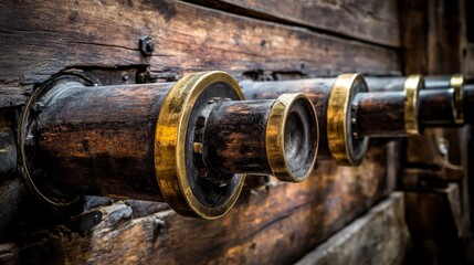 Close-Up of Vintage Wooden Mechanism with Brass Details Highlighting the Intricate Craftsmanship of a Historical Engineering Marvel from a Bygone Era