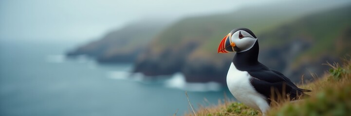 Naklejka premium A solitary puffin perched on a misty coastal cliff surveys the tranquil expanse of the ocean with a thoughtful gaze
