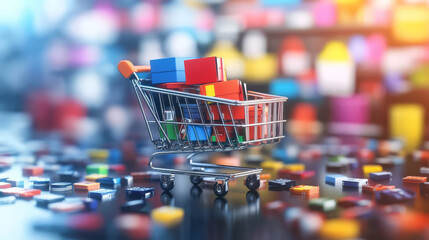 Shopping cart filled with colorful boxes on vibrant background, symbolizing e commerce and online shopping. scene conveys excitement and variety in retail