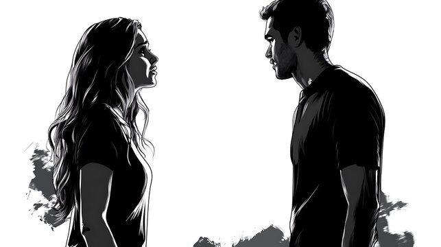 Silhouetted man and woman facing each other, showing tension or disagreement.