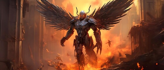 Robotic angel amidst fiery ruins, large wings, apocalyptic scene.