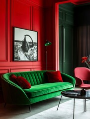 Red walls green velvet sofa modern interior design