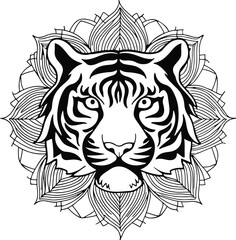 a tiger face art mandala style Simple bold Line Art, no color white background