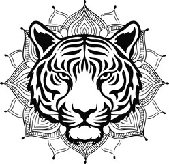 a tiger face art mandala style Simple bold Line Art, no color white background