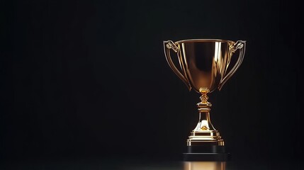 Gleaming golden trophy cup with space for text on a black background Symbol of victory success and pride for champions in sports competitions or contests Represents great achievements