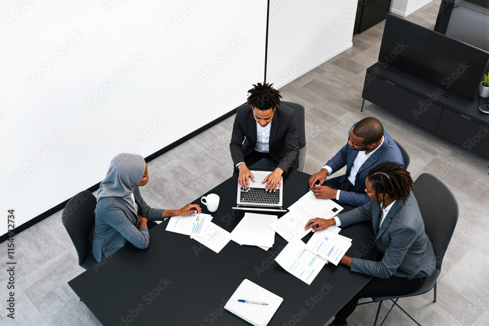 Aufkleber business meeting with diverse professionals discussing documents and using a laptop.