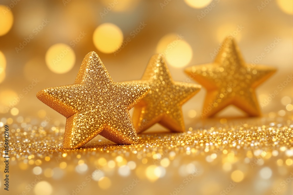 Aufkleber Glittering golden stars on a sparkling golden background with bokeh lights.