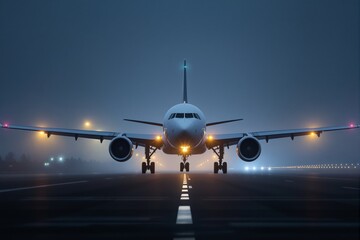 Front view of an airplane on a runway at night with glowing lights in a foggy atmosphere.