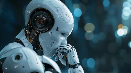 Thoughtful humanoid robot in pensive pose against bokeh background.