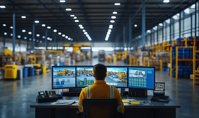 Worker monitors logistics operations in a warehouse setting.