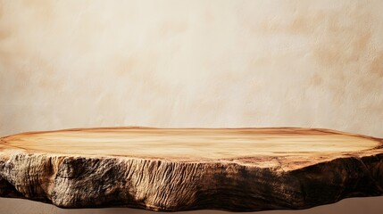 A simple wooden podium with a natural texture, against a soft cream background