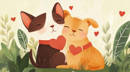 Fototapeta premium Loving Cat and Dog Cuddle in Garden - Valentine's Day Card