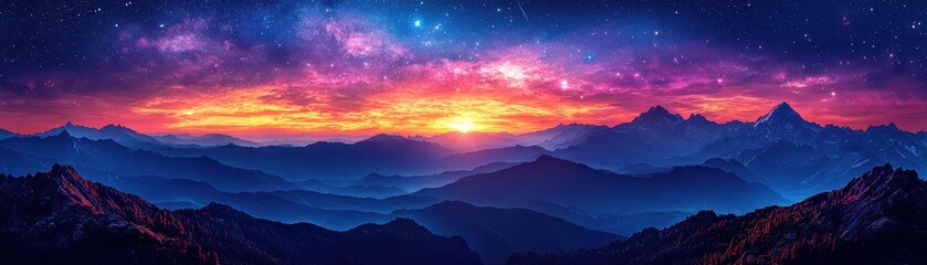 Obraz premium A stunning panoramic view of mountains under a vibrant sunset, blending purples, pinks, and blues, evoking tranquility and awe.
