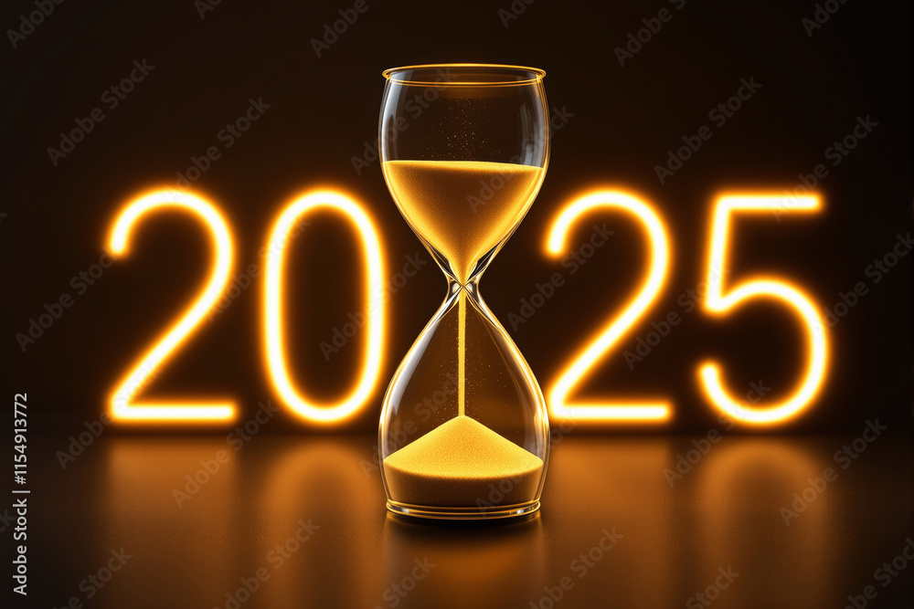 Poster Hourglass with glowing numbers 2025 in the background depicting the passage of time and future anticipation.