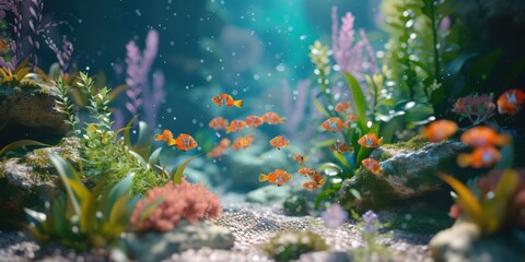 Vibrant underwater scene with colorful clownfish swimming amidst lush coral and seaweed; perfect for marine life, nature, and aquarium-themed projects.
