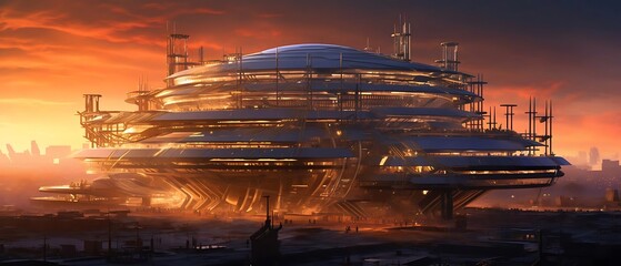 Futuristic city sunset; a large, domed space station-like structure with intricate architecture sits on a desolate planet.