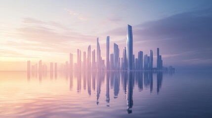 Fototapeta premium sleek buildings reflects on clam water, futuristic skyline background