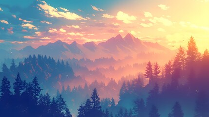 Mountain landscape at dawn, misty forest in soft hues, anime style