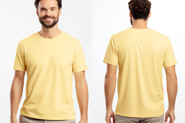 A Stylish T-Shirt Advertising Mockup: Young Man Model Wearing a Short Sleeve Yellow T-Shirt