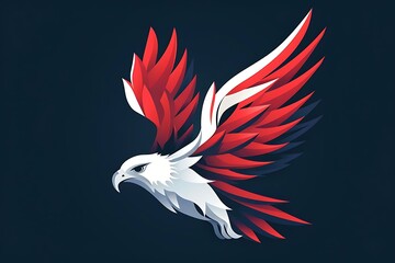 Abstract stylized eagle in flight, red and white wings against dark background.