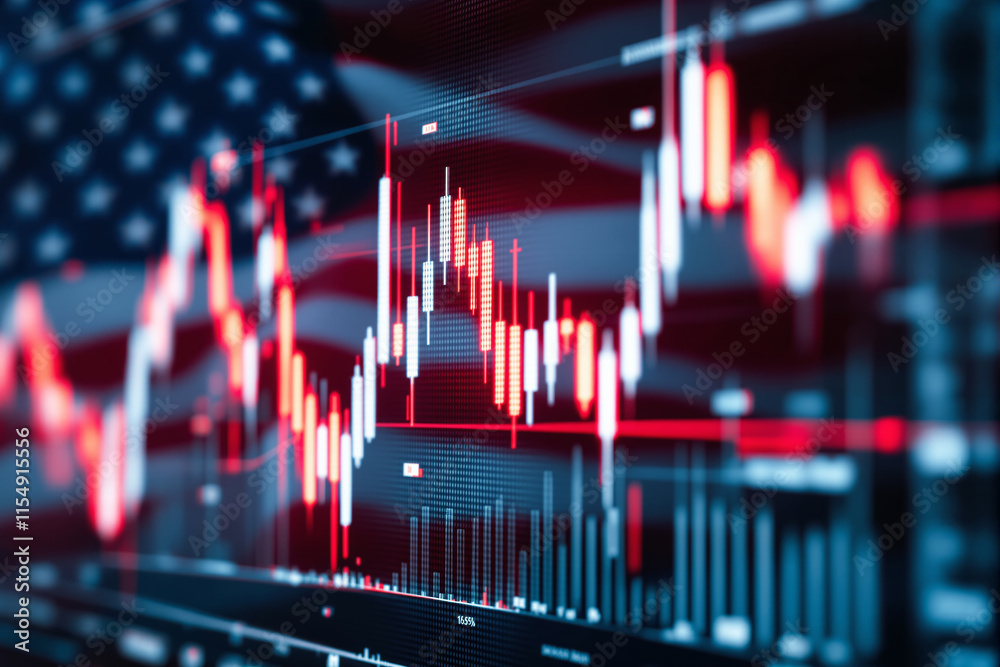 Poster Dynamic stock market chart with American flag background.
