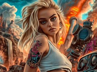 Fototapeta premium Rebellious woman standing in post apocalyptic city with graffiti and gas mask