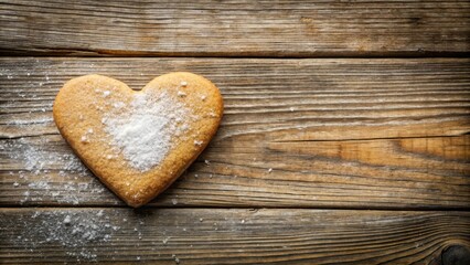 A sweet heart-shaped cookie dusted with powdered sugar rests on a rustic wooden surface