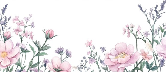 Fototapeta premium Watercolor Floral Border with Pink Roses and Lavender