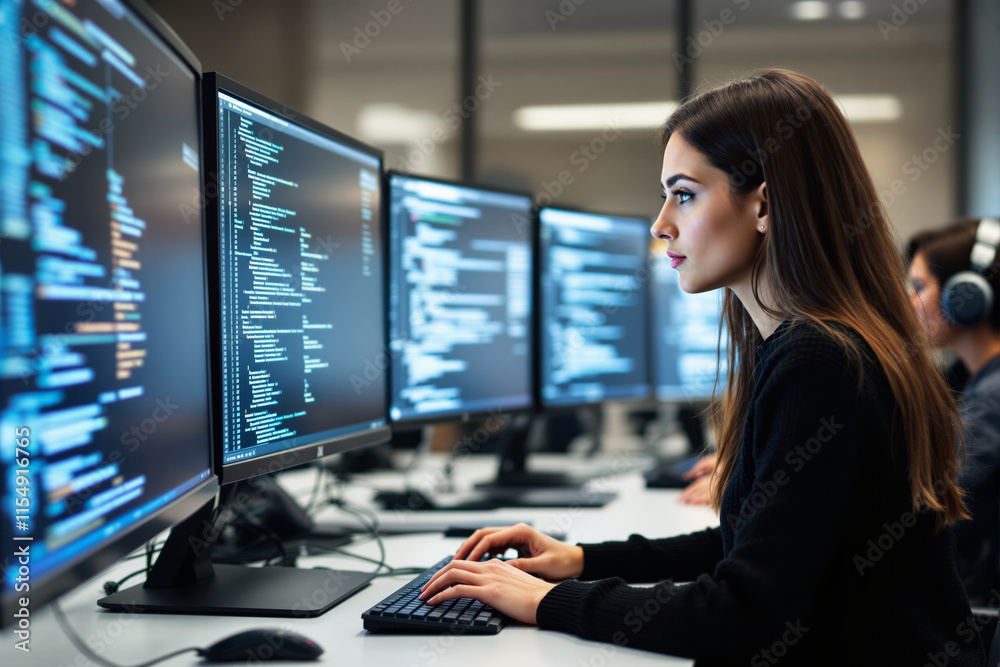 Aufkleber woman coding at multiple monitors in a modern workspace.