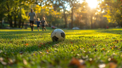 Soccer ball in park with family playing in background.