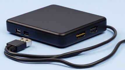 Black digital media player with multiple ports and cable.