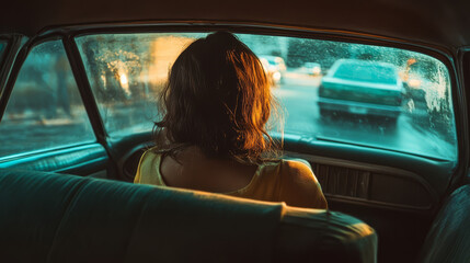 woman with long hair sits in back seat of vintage car, gazing out at rainy street. warm light contrasts with cool tones outside, creating reflective mood