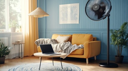 Sunny living room with standing fan, laptop, and yellow couch.