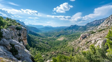 Fototapeta premium Majestic Mountain Valley Landscape. Scenic View of a Valley with Lush Green Forests and Rocky Mountains.