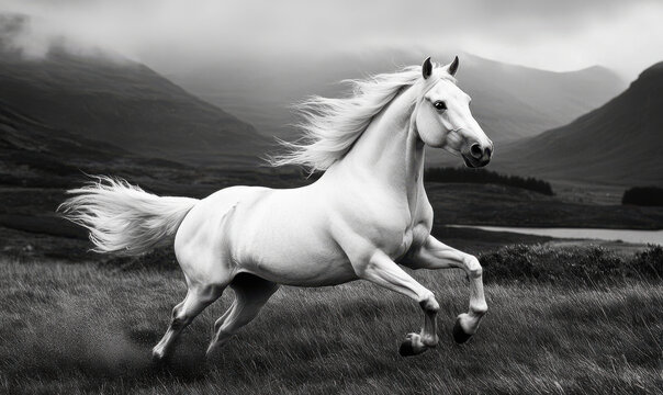 A white horse is running on the grassland below the mountain