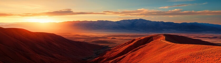 Naklejka premium A breathtaking sunset over rolling hills, highlighting vibrant colors and serene landscapes, perfect for nature lovers and photographers.