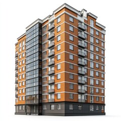 Orange brick apartment building, isolated on white background.