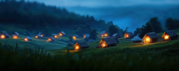 A serene night scene of illuminated cottages nestled in a lush green valley, surrounded by gentle hills and a tranquil atmosphere.