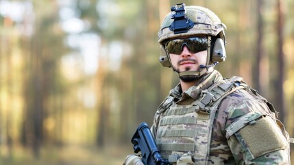 Soldier in Tactical Gear Standing Confidently in Sunlit Forest Environment, Displaying Military Equipment and Professional Attitude