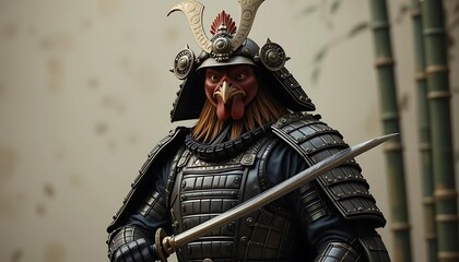 Naklejka premium Rooster Samurai Warrior Intricate Armor Katana Bamboo Background